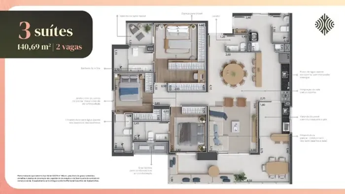 140 m² com 3 suites - Apto na planta 