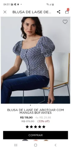 Blusa de Laise de Abotoar com Mangas Bufantes