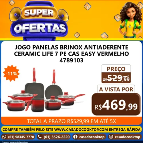 JOGO PANELAS BRINOX ANTIADERENTE CERAMIC LIFE 7 PECAS EASY VERMELHO 4789103