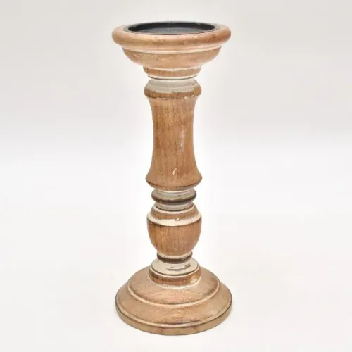 Antigo Pequeno Tochero Madeira clara indiana torneada, Arandela e pé circular *Descrição  