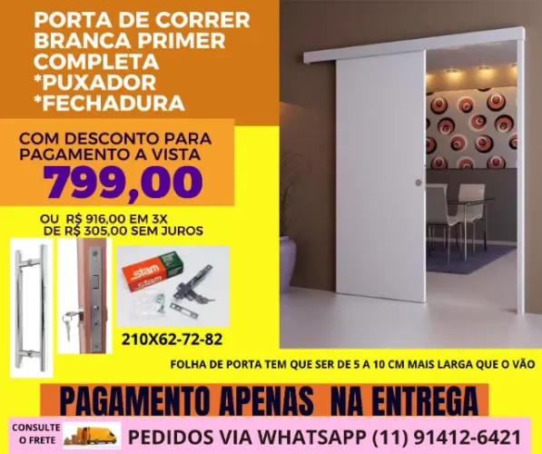 Porta cód33 de correr folha branca pimer com trilho e puxador