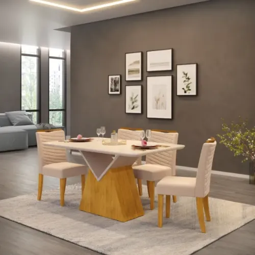 CONJUNTO DE JANTAR MESA COM TAMPO EM VIDRO E 4 CADEIRAS ACOLCHOADAS