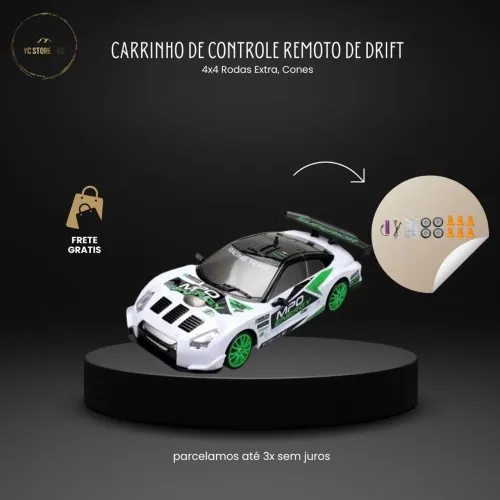 Carrinho controle remoto drift - 4x4, rodas extras, cones
