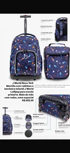 Mochila com rodinhas e lancheira infantil J World Lollipop escolar