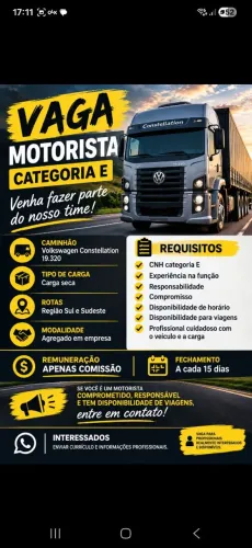 ? VAGA PARA MOTORISTA - CATEGORIA E