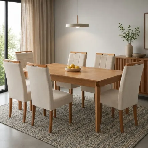 Mesa de Jantar 1,80m Laminada 6 Cadeiras em Madeira tt65