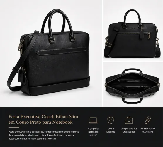 Pasta Executiva Coach Ethan Slim em Couro Preto para Notebook