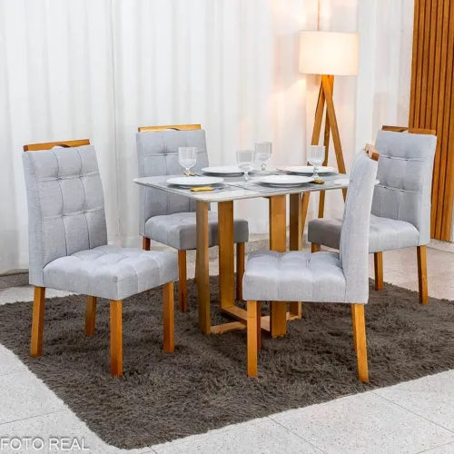 Mesa Bali Base Madeira+4 Cadeiras em Linho rf13 S