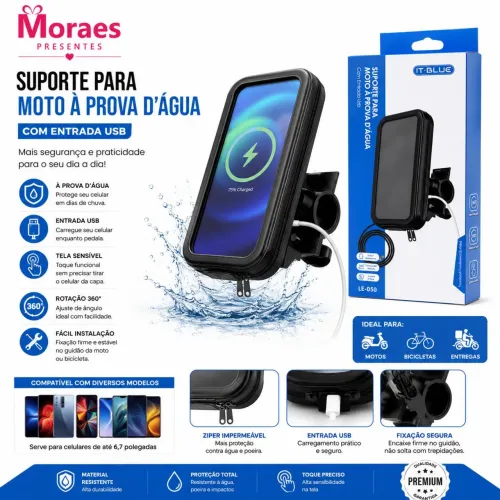 Suporte impermeável para moto com entrada USB, tela sensível ao toque e rotação 360°.