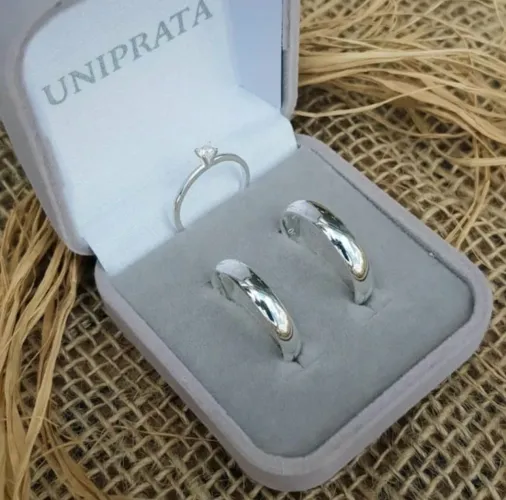 Par de Alianças Prata Boleadas 4mm + Anel Solitário. Compromisso, Namoro - Promoção!