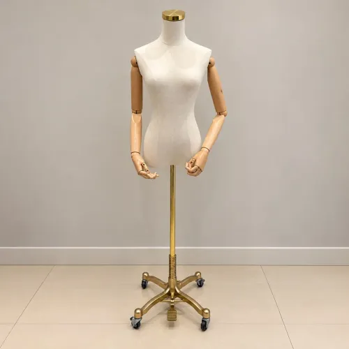 Manequim Feminino de Luxo com Braços Articulados e Base Dourada com Rodízios