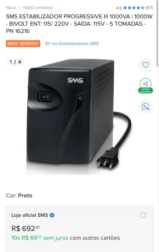 Estabilizador SMS Progressive III µAP1000Bi / 1000VA