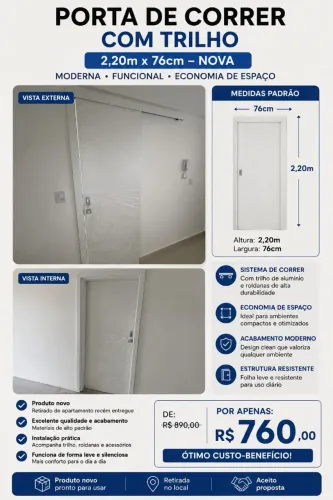 Porta de correr branca 76cm x 2,20m com trilho - nova