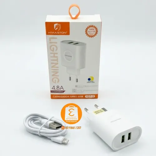 24w de Potência, Carregador Turbo para iPhone /Lightning com 2USB e cabo de 1 Metro