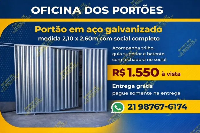 Portao garagem galvanizado 2,10 X 2,60 com social completo com entrega e pague na entrega 