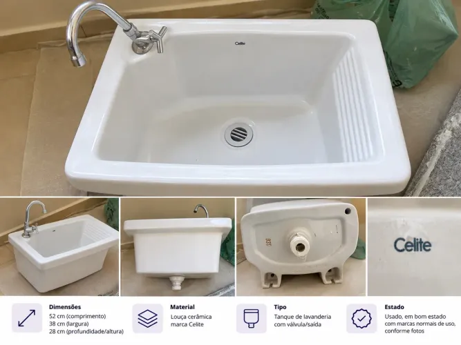 Tanque de Louça Celite Branco 52 cm com Torneira