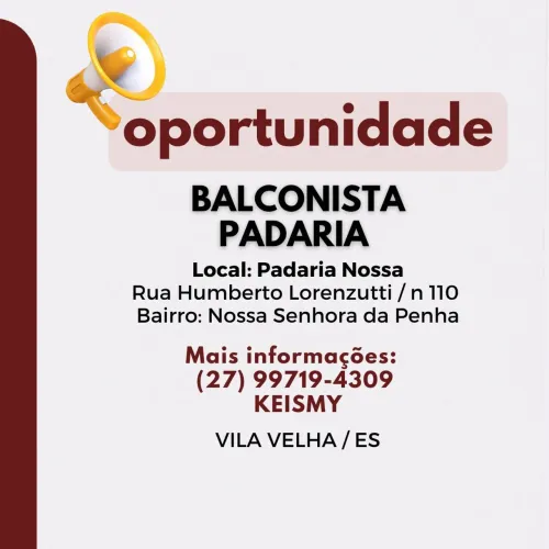 Vaga para balconista de padaria