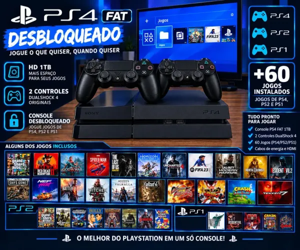 PS4 DESBLOQUEADO 1TB | 2 CONTROLES + 60 JOGOS !