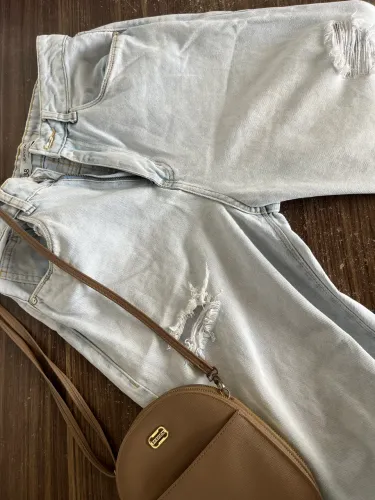 Calça Jeans Wide Leg Destroyed Jeans Claro Rasgada - Tamanho 38
