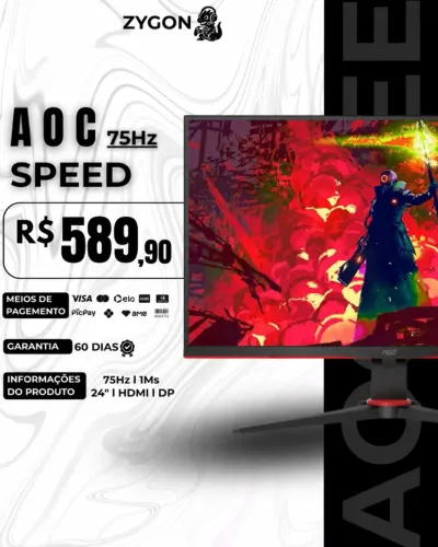 [S/ NOVO] Monitor Gamer AOC Speed 23,8" 75Hz 1ms - 60 Dias Garantia