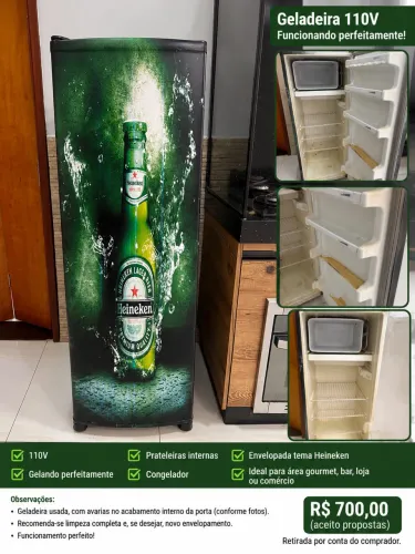 ? Geladeira 110V Funcionando Perfeitamente - Tema Heineken | R$ 700 (Aceito Propostas)