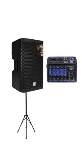 Kit Caixa Ativa 12 Soundvoice Orion 12a 500w + MESA CLICK-6 + Tripé de Caixa 