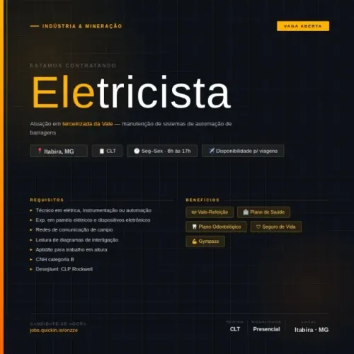 Vaga para Eletricista em Itabira/MG