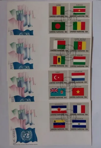 Filatélia 4 envelopes com selos bandeiras U.N