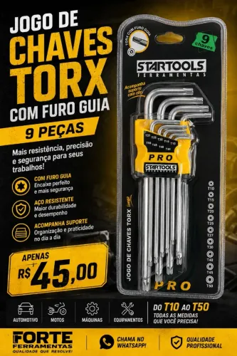 JOGO DE CHAVES TORX COM FURO GUIA - 9 PEÇAS