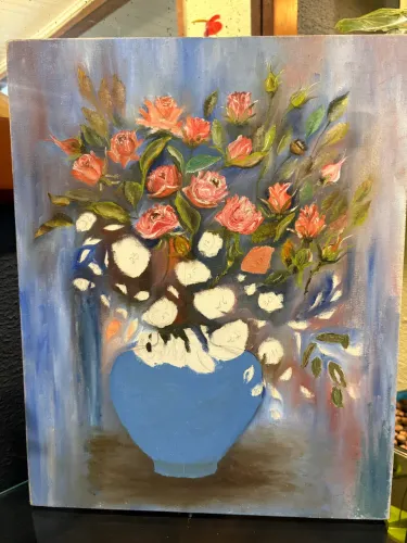 Quadro Antigo a Óleo Inacabado - Vaso de Rosas (Para Finalizar)