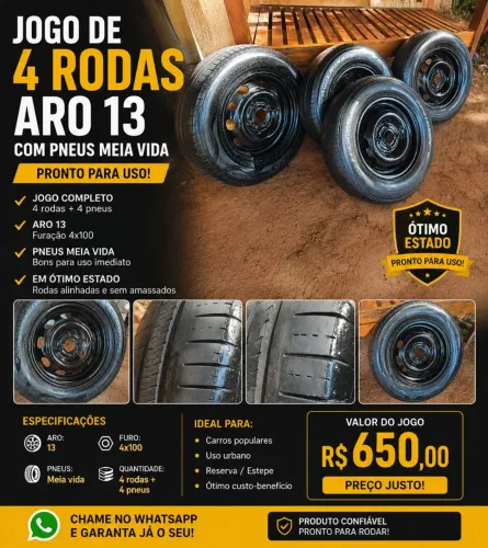Jogo de 4 Rodas Aro 13 com Pneus Meia Vida - Prontas para Uso