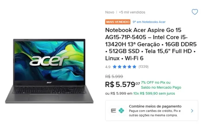 Notebook Aspire Go 15 NOVO!!!