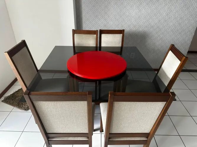 Mesa de Jantar 6 Lugares com Tampo de Vidro + Centro Giratório (Lazy Susan)