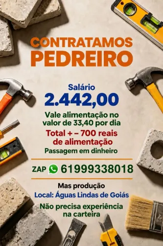 Contrata se pedreiro salario $2442 vale alimentação $720