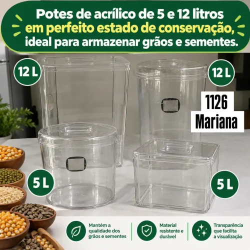 Potes de acrílico para sementes e grãos 5 e 12 l