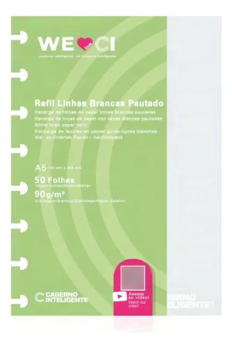 Refil Pautado Linha Branca Caderno Inteligente A5 90g 8 Furos