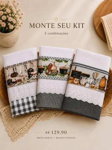 Kit 03 Panos de prato Premium / Coleção Cozinha Elegante 