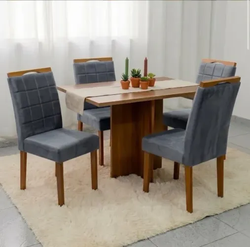 Conjunto de Jantar Nobre 4 Lugares Cinamomo com Cadeiras em Veludo Grafite