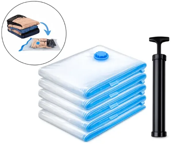 Kit 5 Saco a Vácuo 50x60cm com Bomba para Roupa, Cobertor, Viagem e Mala