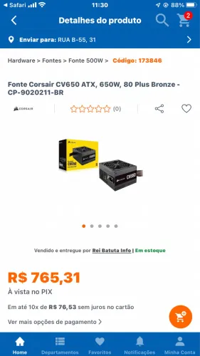 Fonte para Computador, Corsair CV650W, ATX 80 plus Bronze