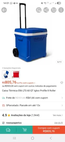 Caixa termica igloo com alça pra puxar 56 litros