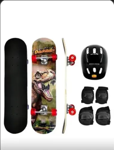 Skate Completo Dinossauro -  Com Protetor e Capacete
