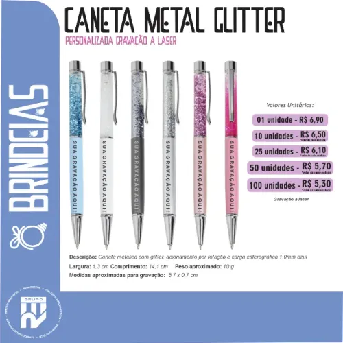 Caneta Glitter Metal Personalizada | Brindes Personalizados Brindeias