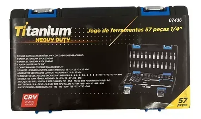 JOGO DE FERRAMENTAS 1/4POL C/57PCS CROMO VANADIUM-TITANIUM