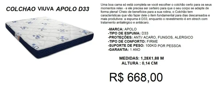 Colchão viuva D33 - 1,28x1,88 - Entrega Inclusa - compre hoje e receba amanhã