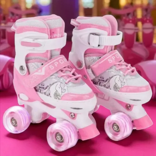 Patins Infantil 4 Rodas Led Branco e Rosa Unicôrnio - 33-36