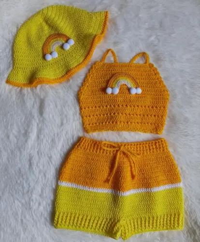 Conjunto de Biquíni Crochê para Bebê - Amarelo