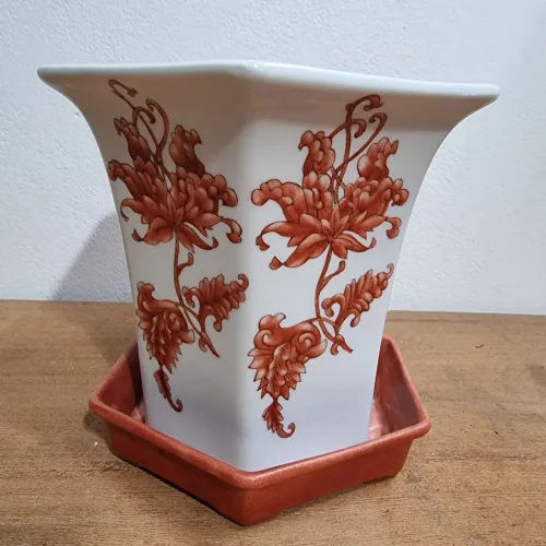 Vaso Decorativo com Design Floral branco e laranja cerâmica pintada a mão antiguidade 