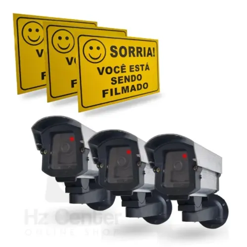 Micro Câmeras Falsas com Led Bivolt + Placas Sorria para Segurança Residencial Industrial 