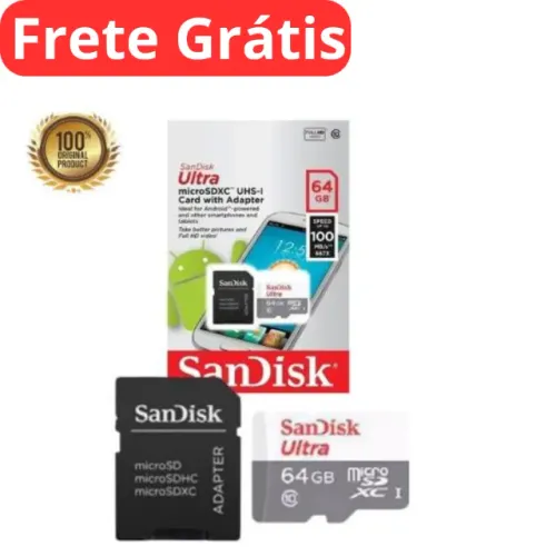 Cartão de Memória 64GB- Micro SD com Adaptador - Sandisk Ultra